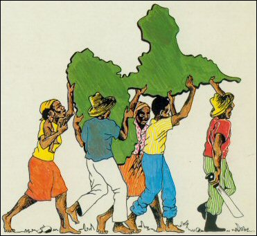 Illustration pour le recueil de Cette igname brisée qu'est ma terre natale / Gran parad ti kou baton paru aux Éditions Caribéennes. © 1982, utilisée avec permission